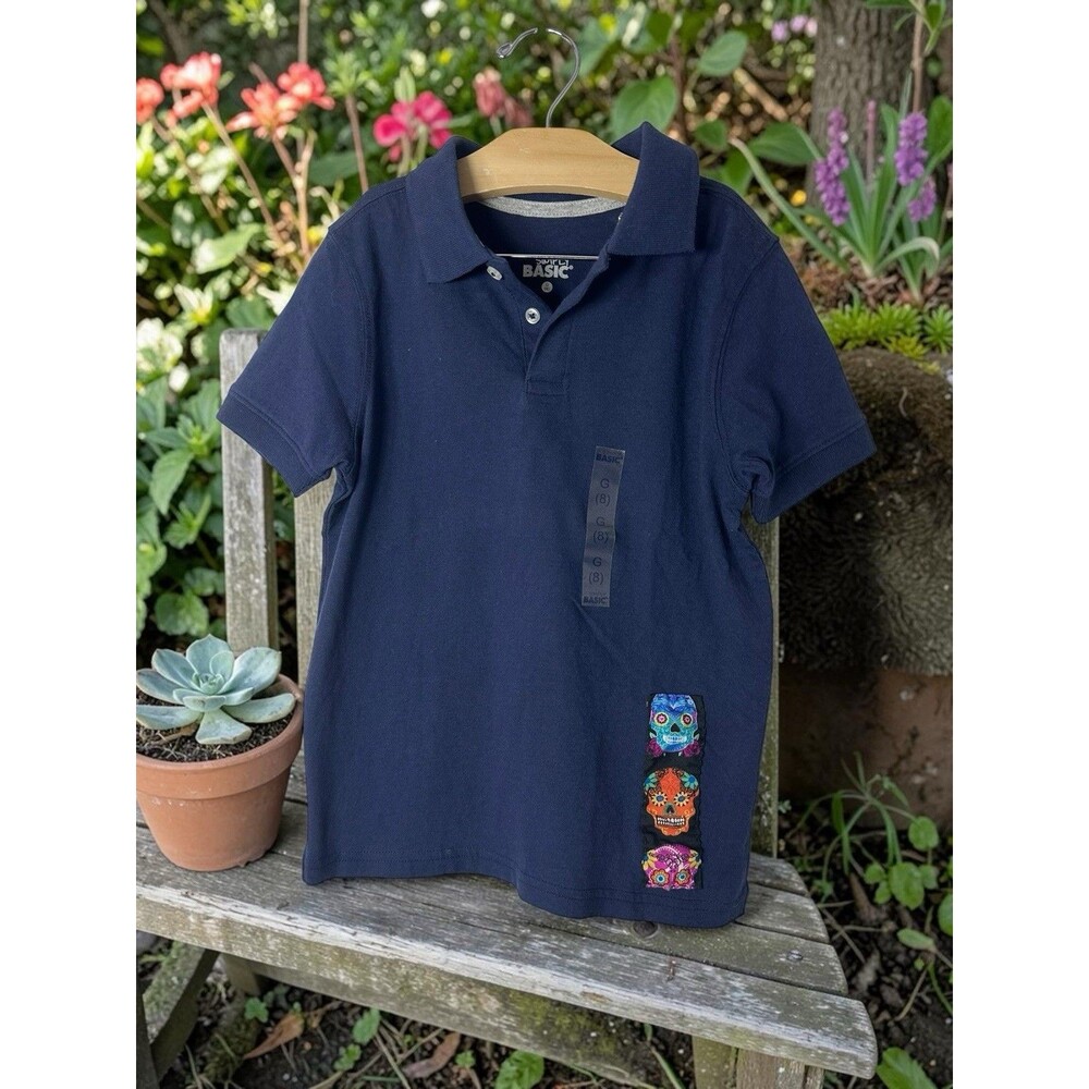 NWOT Simply Basic Navy Polo with Floral Skelton Patch Girls Size 8